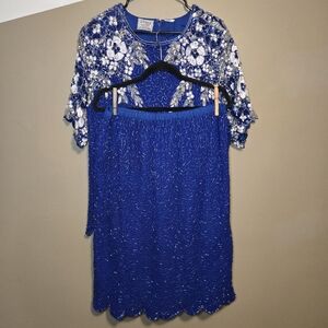 Vintage Stenay Plus Royal Blue Beaded Silk Top & Skirt Set 80/90s Sequins Floral